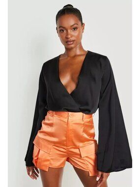 BOOHOO Orange Tall High Waist Satin Cargo Shorts Size 4 NEW
